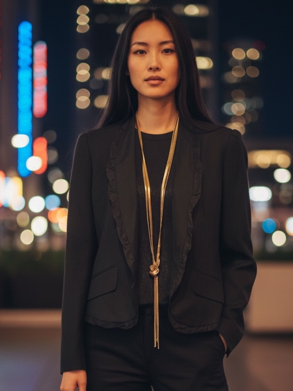 LOFT Black Ruffle-Trim Single-Button Blazer